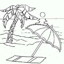 Coloriage Palmier sur la plage avec parasol
