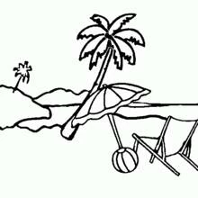Coloriage Palmier sur la plage avec parasol et transat