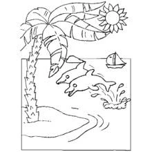 Coloriage Palmier avec des dauphins et un voilier