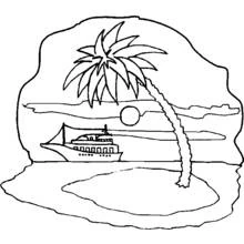 Coloriage Palmier penché au-dessus de la mer avec un bateau