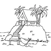 Coloriage Palmier surplombant une cabane sur une île