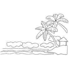 Coloriage Palmier au bord de la mer avec une cabane