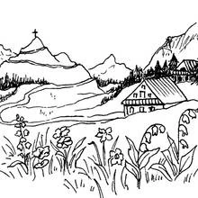 Coloriage Chalet de montagne dans une prairie fleurie