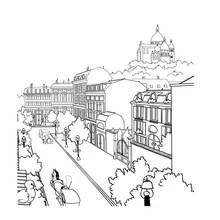 Coloriage Rue parisienne avec le Sacré-Cœur en arrière-plan