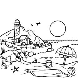 Coloriage Phare et plage au bord de mer