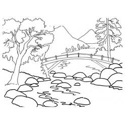 Coloriage Pont en bois au-dessus d'une rivière rocheuse