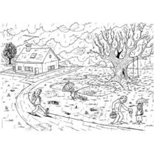 Coloriage Journée pluvieuse d'automne près de la maison et du vieil arbre