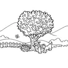 Coloriage Enfant et chien reposant sous un arbre