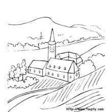 Coloriage Église de village nichée dans les collines