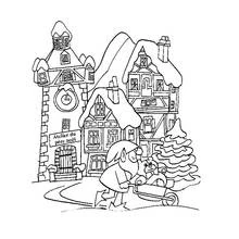 Coloriage Lutin poussant une brouette devant l'atelier du père Noël