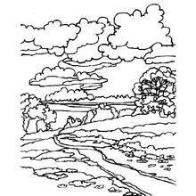 Coloriage Chemin le long d'une rivière avec des nuages
