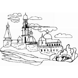 Coloriage Paysage avec forteresse et coupoles au bord de l'eau