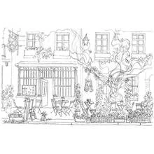 Coloriage Café de rue avec terrasse et vieil arbre