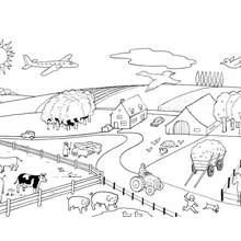 Coloriage Paysage de ferme avec animaux et tracteur