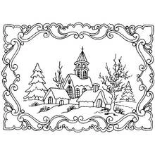 Coloriage Village d'hiver avec église dans un cadre orné