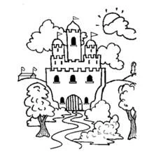 Coloriage Château avec tours et drapeaux dans un paysage