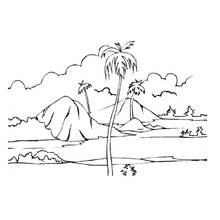 Coloriage Île tropicale avec palmiers et montagnes