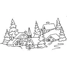Coloriage Village enneigé avec église et sapins