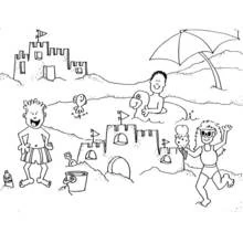 Coloriage Enfants jouant sur la plage avec des châteaux de sable