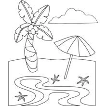 Coloriage Plage avec palmier et parasol