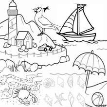 Coloriage Plage avec phare, voilier et coquillages