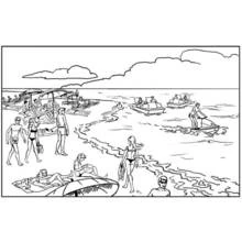 Coloriage Plage animée avec baigneurs et bateaux