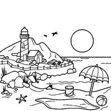 Coloriage Phare et scène de plage au bord de mer