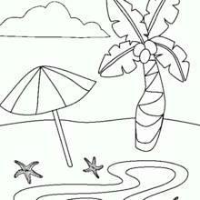 Coloriage Palmier et parasol sur la plage