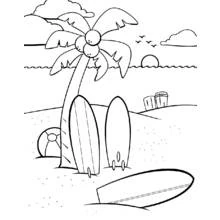 Coloriage Palmier et planches de surf sur la plage