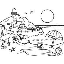 Coloriage Plage avec phare et parasol