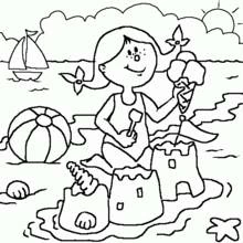 Coloriage Fille construisant des châteaux de sable à la plage