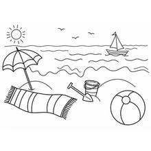 Coloriage Plage avec parasol et petit voilier