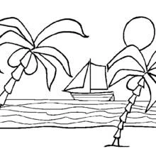 Coloriage Voilier entre les palmiers sur la plage