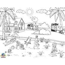Coloriage Thomas le train à la plage avec des familles en vacances
