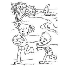 Coloriage Enfants jouant au ballon sur la plage