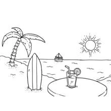 Coloriage Plage avec planche de surf et boisson fraîche