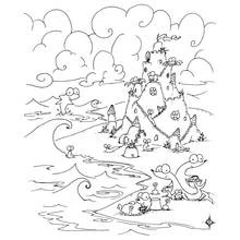 Coloriage Château de sable entouré d'animaux marins joyeux