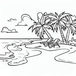 Coloriage Plage avec palmiers et chaises longues
