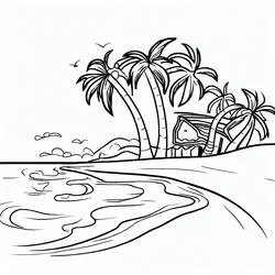 Coloriage Plage tropicale avec palmiers et cabane