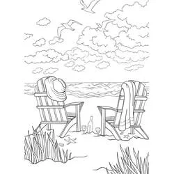 Coloriage Chaises de plage au bord de la mer
