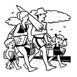 Coloriage Famille sur la plage avec canne à pêche