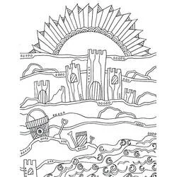 Coloriage Château de sable avec coucher de soleil et vagues
