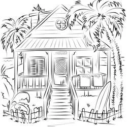 Coloriage Maison de plage avec palmiers
