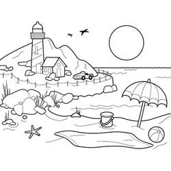 Coloriage Phare de plage avec soleil et parasol
