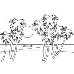 Coloriage Scène de plage avec palmiers et soleil