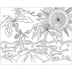 Coloriage Plage avec palmiers et soleil