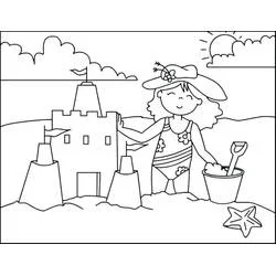 Coloriage Fille et château de sable à la plage