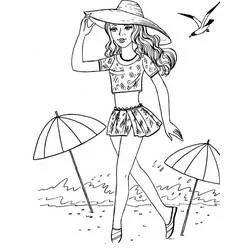 Coloriage Jolie fille sur la plage avec chapeau