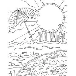Coloriage Plage d'été avec palmier et coucher de soleil