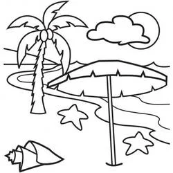 Coloriage Plage avec palmier et parasol